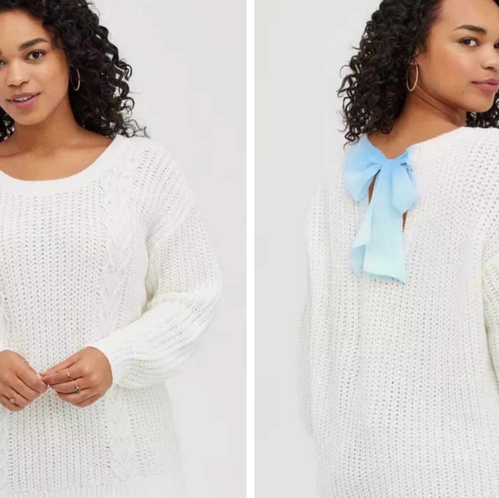 New! Torrid Cable Tie Back Sweater White with Blue Bow Size 4X